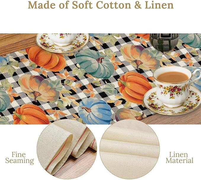 Fall Pumpkin Table Runner Black White Plaid Maple Leaves Watercolor Illustration Rustic Thanksgiving Home Decor for Farmhouse Indoor Outdoor Party Holiday Dining Kitchen Restaurant Cafe W13xL36in
