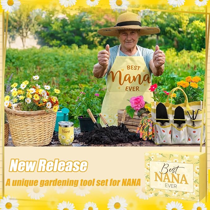 Lasnten 16 Pcs Mothers Day Garden Gift for Nana Women Dasiy Gardening Supplies Birthday Garden Tools Set from Daughters Gloves Apron Insulation Cup Fork Trowel Tote Bags for Plant Present