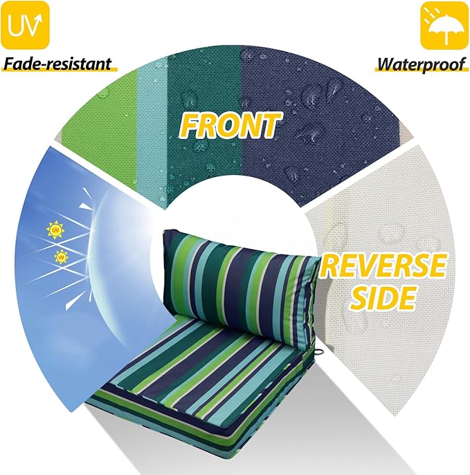 AAAAAcessories Outdoor Seat Cushions for Chairs, Fade-Resistant, Waterproof Patio Furniture Replacement Cushions, 25.5" x 25.5" x 5" + 25.5" x 13.5", Stormy Teal Coastal Stripe