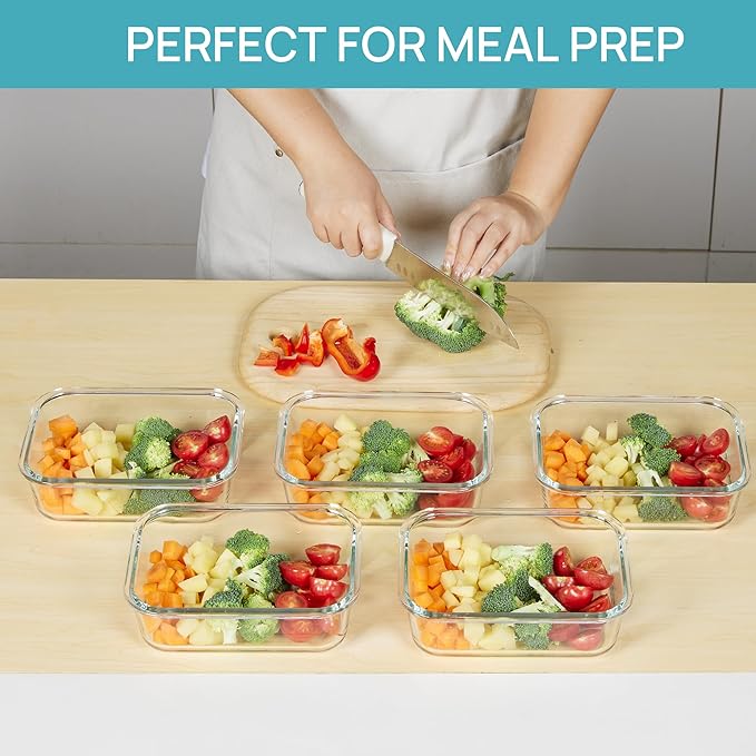 Vtopmart 5 Pack 35oz Glass Food Storage Containers with Lids, Meal Prep Containers, Airtight Reusable Lunch Container Set, Safe for Oven, Microwave, Freezer, and Dishwasher, Green