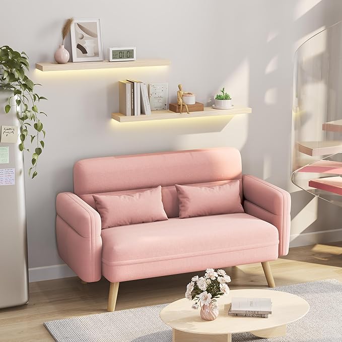 Yaheetech 46" Small Modern Fabric Sofa Loveseat Mid Century 2 Seater Sofa Couch with Lumbar Pillows, Solid Wood Legs for Living Room, Small Space, Dorm, Office, Bedroom, Pink