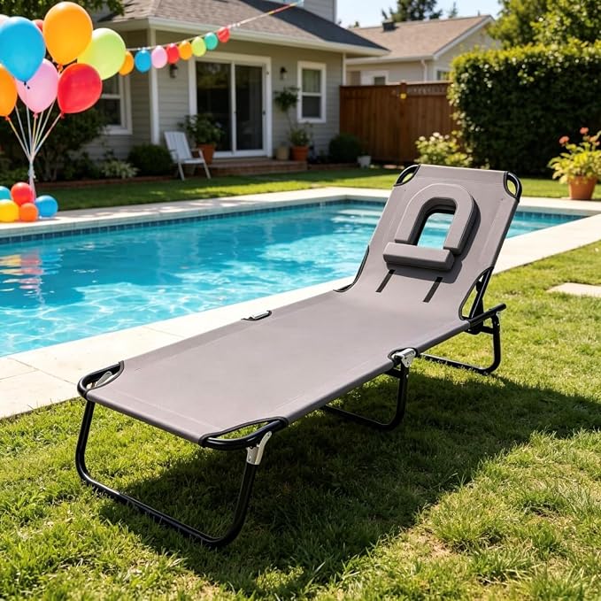 Foldable Chaise Lounge 4 Height Adjustable, Reclining Sun Tanning Chair with Face Hole & Removable Pillow, Portable Summer Outdoor Lounger for Patio Poolside Lawn Beach Yard Grey