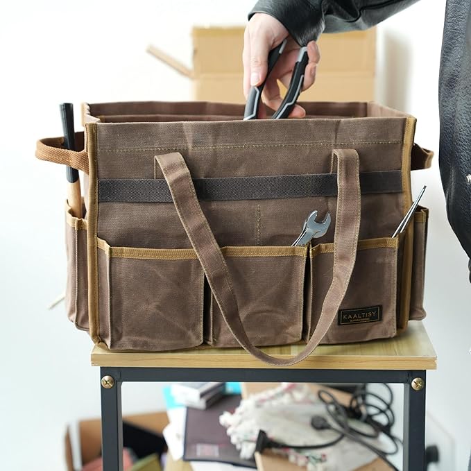 Canvas Tool Tote Bag, Heavy Duty 16oz Waxed Canvas Tool Pouch with Metal Zipper & 12-Pocket | Multi-Purpose Garden Tool Storage Carrier for Gardener Craftsman Contractor | Brownish Grey