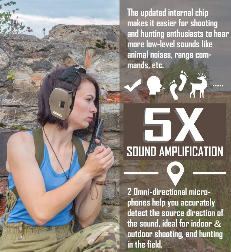 PROHEAR Digital Electronic Shooting Ear Protection Muffs with GEP02 Gel Ear Pads, Hunting 5X Sound Amplification Earmuffs, NRR 23dB Low Profile Hearing Protection for Gun Range - Brown