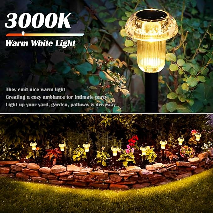 Priddop Solar Lights Outdoor Pathway Waterproof 8 Pack Warm White LED Acrylic Mushroom Decorative Garden Lights for Yard Landscape Patio Outside Decor