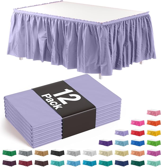 Exquisite Ruffle Table Skirt Lavender 12 Pack 14 Ft Long Table Skirts for Rectangle Tables 6ft Plus or Round Tables Skirts with Adhesive Strip for Gender Reveal Decor & Happy Birthday Parties