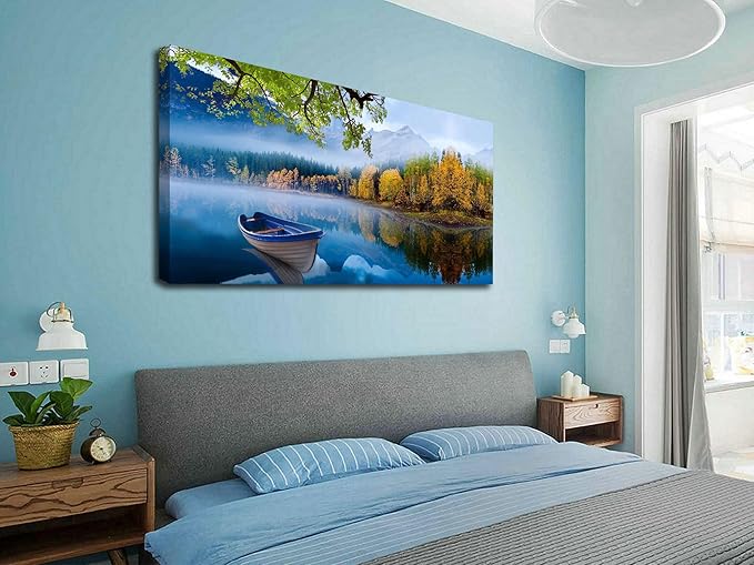 Arjun Landscape Wall Art for Living Room Lake Canvas Blue Picture Bedroom, Summer Nature Boat Artwork Modern Nature Painting Framed Large Home Office Dining Room Wall Decor 40"x20"