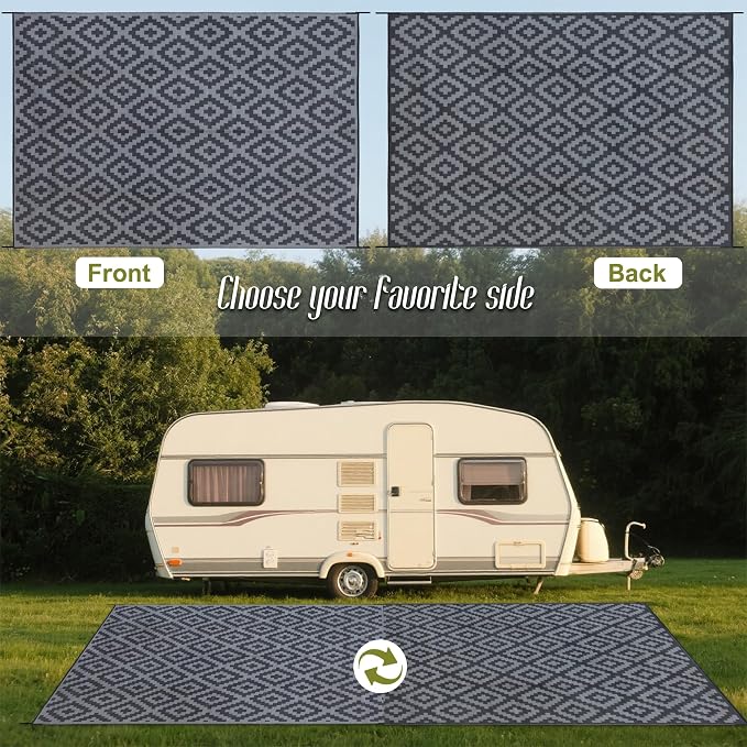 SAND MINE Waterproof Outdoor Rug, Plastic Reversible Rug, Modern Area Rug, Large Floor Mat for Outdoors, RV, Patio, Backyard, Deck, Picnic, Beach, Camping (10' x 14', Black Grey Lattice)