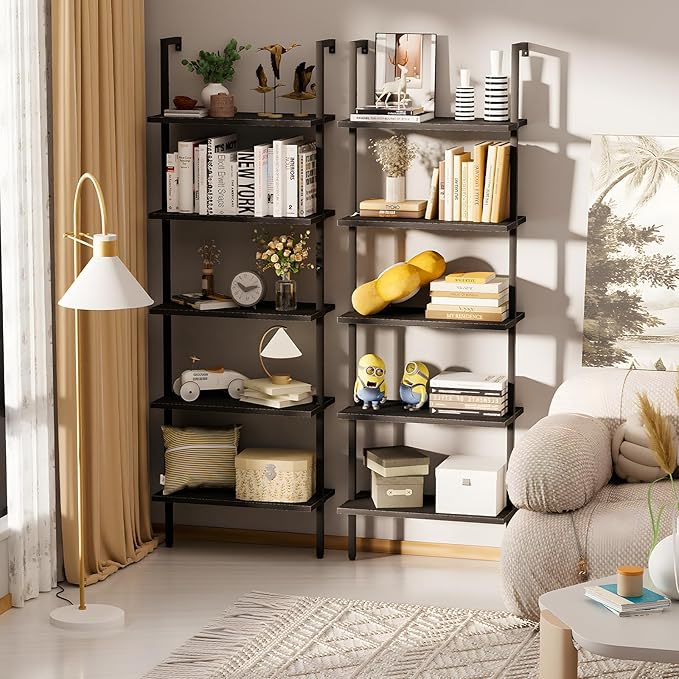aboxoo Ladder Shelf Open 5-Tier Bookshelf Wall-Mounted Black Wood Bookcase