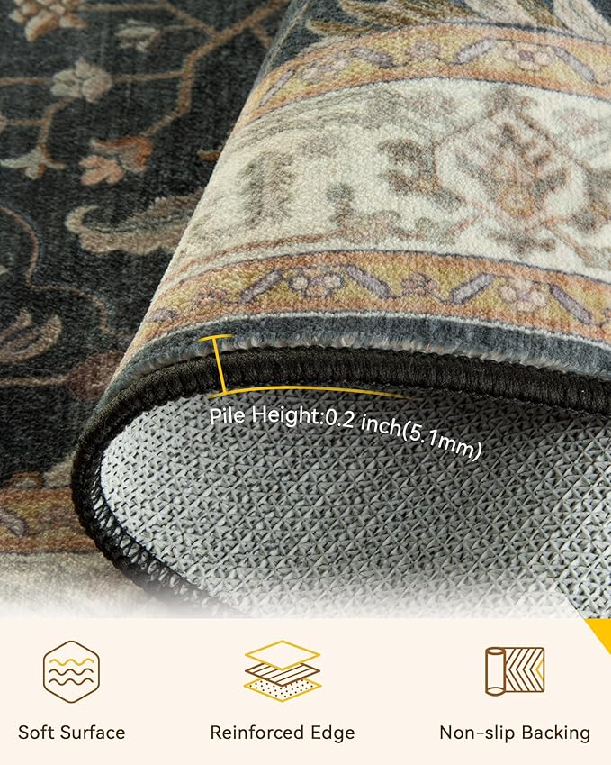 Area Rugs Round 6ft Washable Non-Slip, Floral Vintage Distress Print Pattern Medallion Carpet for Living Room Bedroom Dining Room, Vintage Black Brown Neutral
