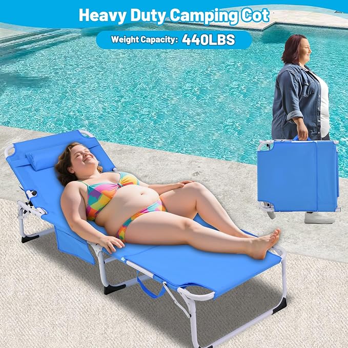 Outdoor Chaise Lounge with Detachable Pillow, Reclining Folding Chair with 5-Position Adjustable Back, Portable Tanning Chair For Beach, Pool, Lawn, Breathable Mesh Seat, No Assembly (Blue 4)