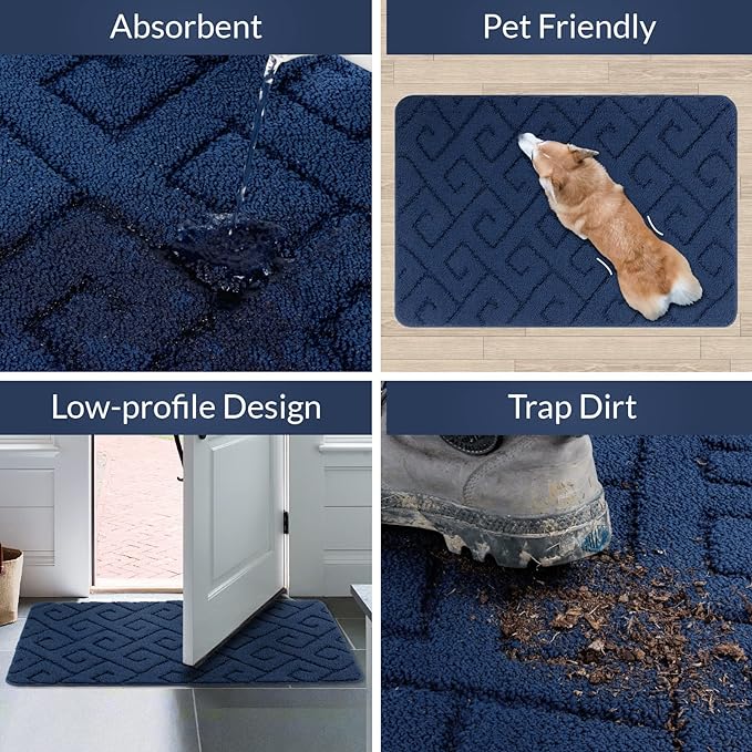 Walensee Indoor Doormat, Front Door Mat for Entrance (24"x35"Navy Blue) Machine Washable Entryway Rug, Non Slip Trapper Door Rugs Absorbent Dirt Low Profile Shoes Scraper Inside Floor Mats