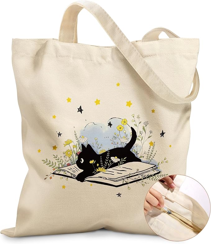 Miss Adola Canvas Tote Bag for Women – Aesthetic Canvas Bag with Zipper Cute Stylish Reusable Shoulder Totes for Shopping Work Daily Vacation, Cat Read