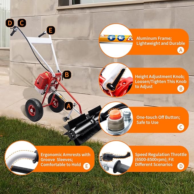 Power Broom Sweeper Cordless, 43CC 1.7HP 2-Stroke Gas Powered Broom Walk-Behind Outdoor Hand Push Sweeper Driveway Walkway Parks Street Cleaning Tool for Lawn Leaf Artificial Turf Grass Gravel Cleanin