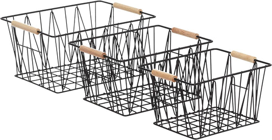 Amazon Basics Rectangular Wire Storage Baskets, Set of 3, Standard, Black