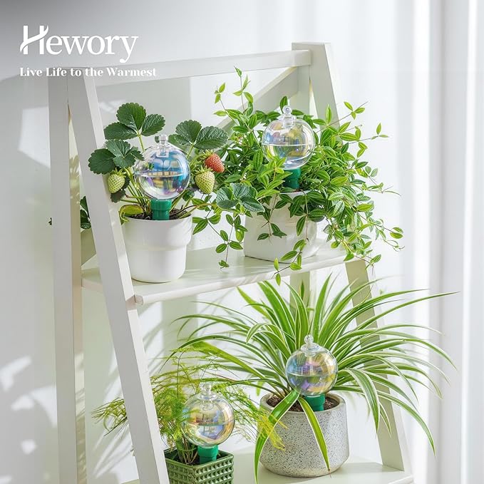 Hewory Glass Plant Watering Globes: 4 Pcs Iridescent Water Bulbs for Indoor/Outdoor Plants - 9oz Watering Devices with Terracotta Water Spikes