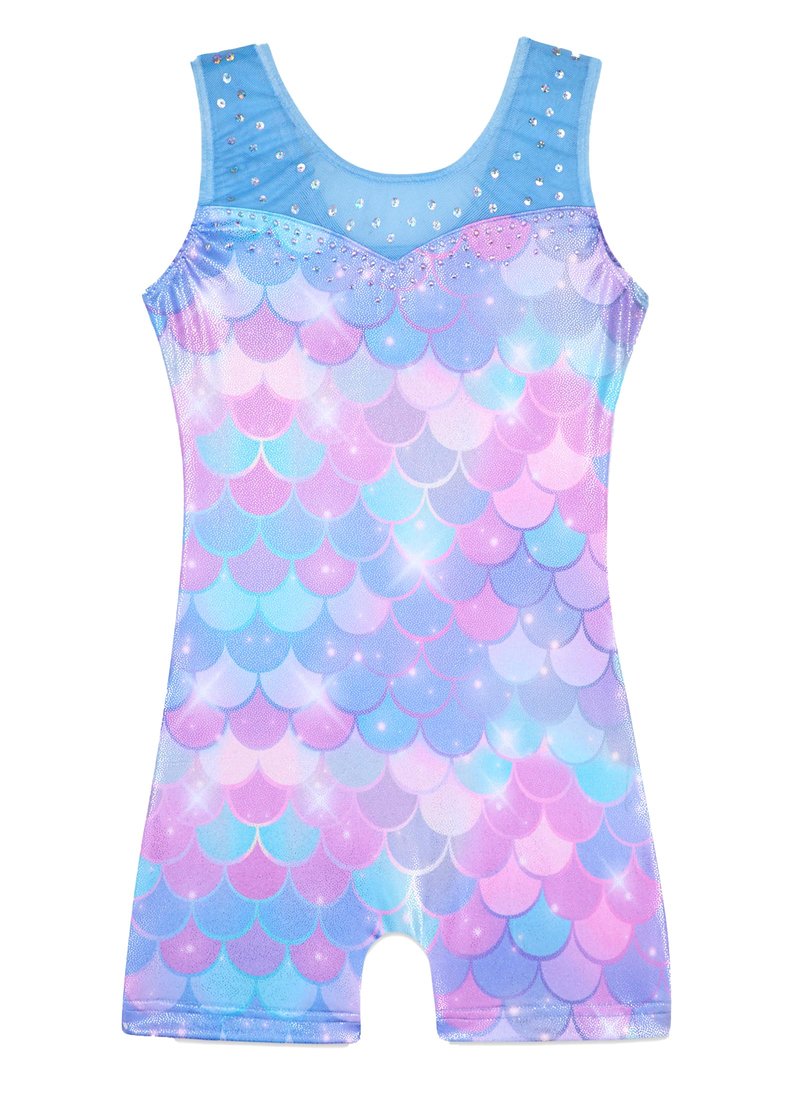 HOZIY leotards for girls gymnastics size 8-10 years Spliced Mesh Strap Tumbling Outfits Biketard Practice Blue Mermaid Rhienstone Sparkly ropa de gimnasia para niñas