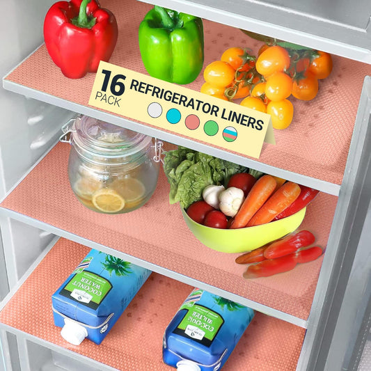 Refrigerator Liners for Shelves (16 Pack) by Linda’s Essentials - Non-Adhesive Shelf or Drawer Liner, BPA-Free Fridge Mats for Kitchen & Cabinets, Easy to Clean, Ideal Household Essentials (Pink)