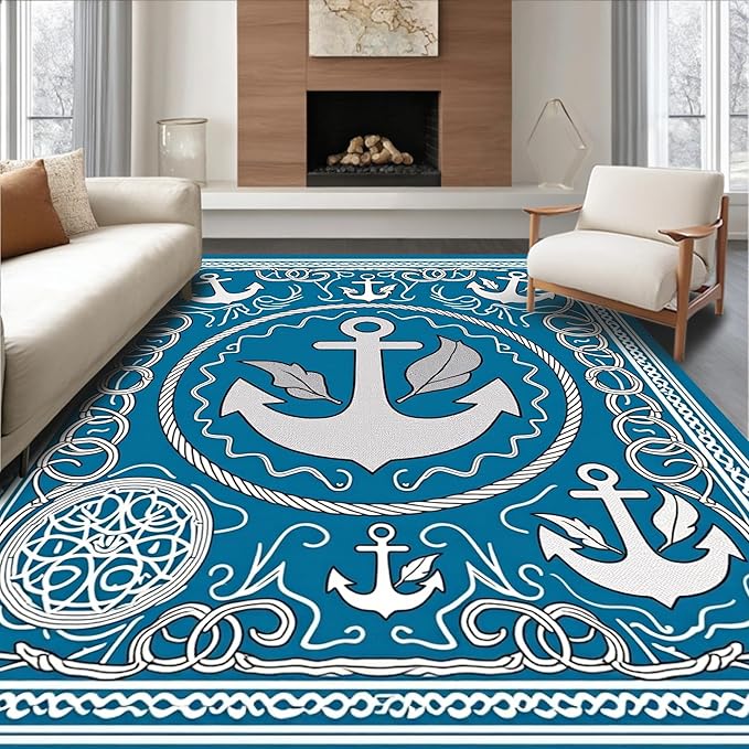 Flatwoven High Traffic Area Rug 8x10, Sailing Ship Anchor Rope Knot Marine World Foam Trio, Non Slip, Stain Resistant, Washable Area Rugs for Living Room, Bedroom (Blue, 8x10)