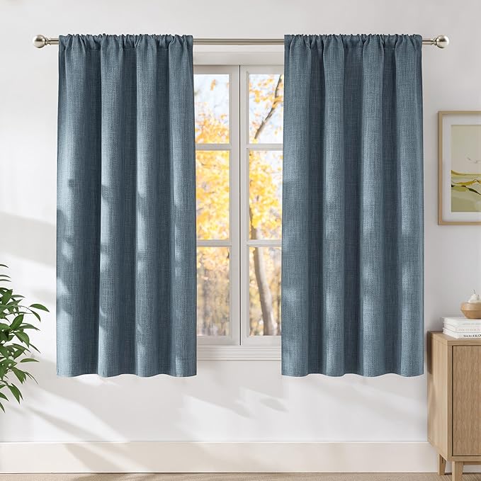 NICETOWN Mist Blue Faux Linen Room Darkening Rod Pocket Curtains 63 inch Length