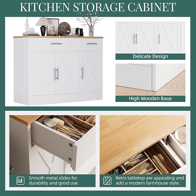 Shintenchi Modern Farmhouse Sideboard Buffet Cabinet with Storage with 3 Doors,42" Barn Doors Buffet Cabinet with Storage, Wood Coffee Bar Cabinets with Adjustable Shelf for Kitchen Living Room,White