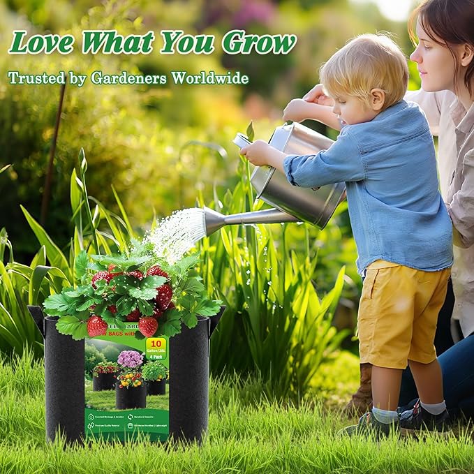 FEED GARDEN 10 Gallon Grow Bags 4 Pack – 300G Thickened Fabric Plant Pots with Reinforced Handles, Breathable Drainage Planters for Vegetables, Tomatoes, Herbs, Indoor & Outdoor Gardening