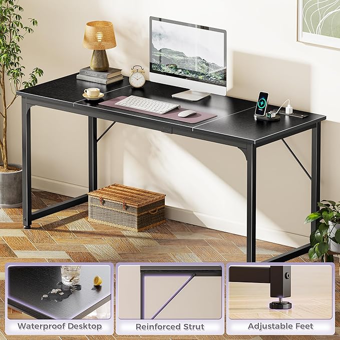 PRAISUN 63 X 24 Inch Office Computer Desk with Power Outlets and USB-C Port, Larger and Longer Gaming Desk, for Home Office, Study, Writing Work from Home Table, Metal Frame, Black