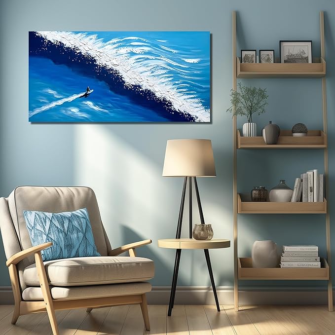 Ocean Artwork Wall Decor for Living Room Blue and White Canvas Wall Art for Office Sea Painting Wall Art for Bedroom Size 20 x 40 Inch