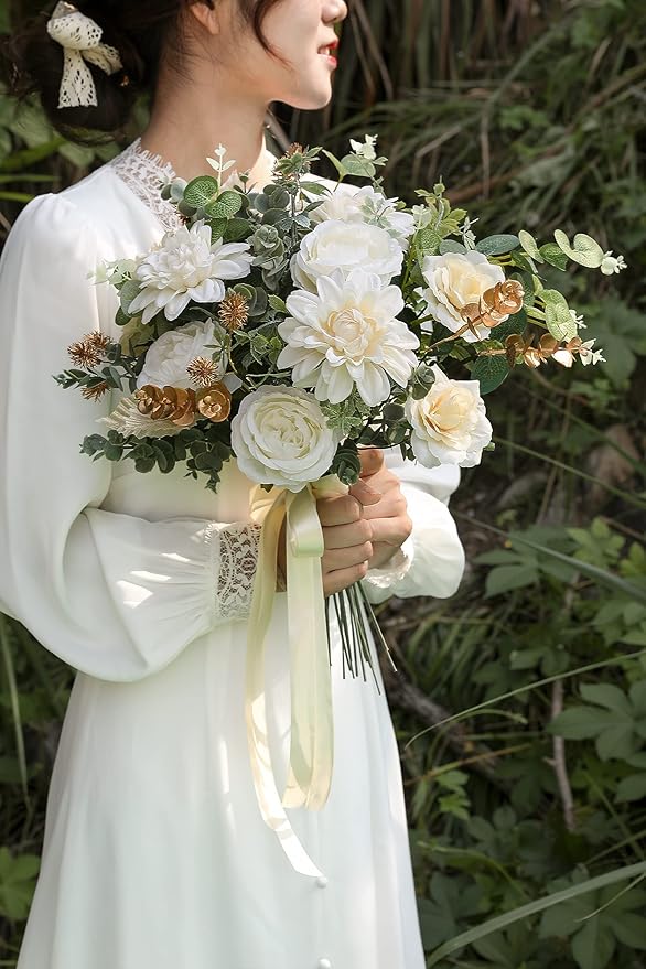 YYHUAWU Artificial Flowers Combo Box Set Gradient Color Flower Leaf with Stems for DIY Wedding Bouquets Centerpieces Baby Shower Party Home Decorations Ivory