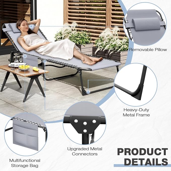 EBE Outdoor Lounge Chair, Portable Chaise Lounge Chair, Folding Sun Tanning Chairs with Detachable Pillow and Side Pocket, Reclining Chairs for Pool Beach Sunbathing, Grey