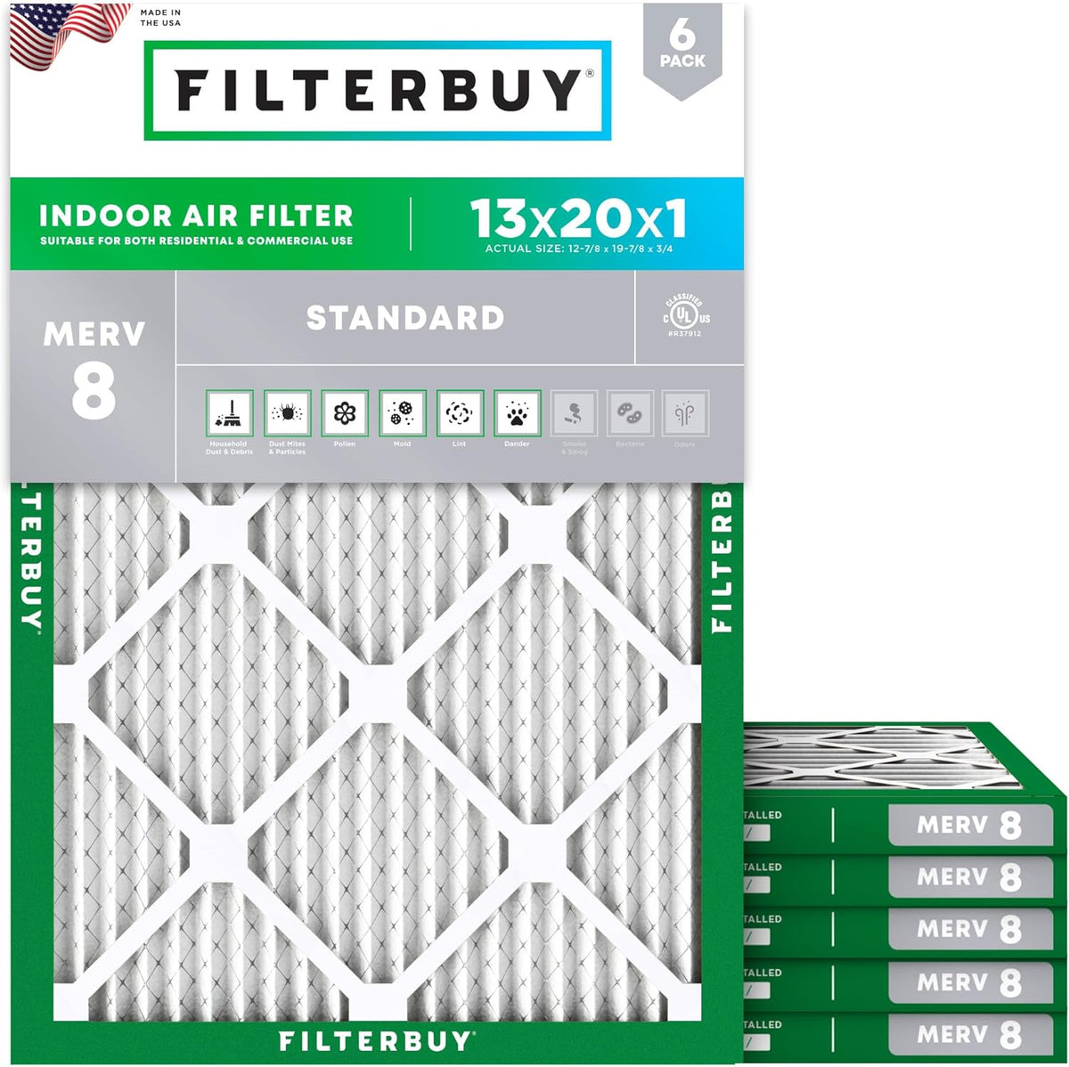 Filterbuy 13x20x1 Air Filter MERV 8 (MPR 700) Dust Defense Replacement (6-Pack), Electrostatic Pleated HVAC AC Furnace Filters, Made in USA (Actual Size: 12.88 x 19.88 x 0.75)