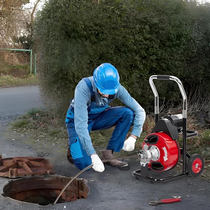 Drain Cleaner Machine 75FT x 3/8 Inch, Professional Sewer Snake Auger with 250W Motor, Auto Feed, 8/4 Cutters, Foot Switch & Wheels, Gloves, Semi-Enclosed Drum, Portable Plumbing Tool for 1"-4" Pipes