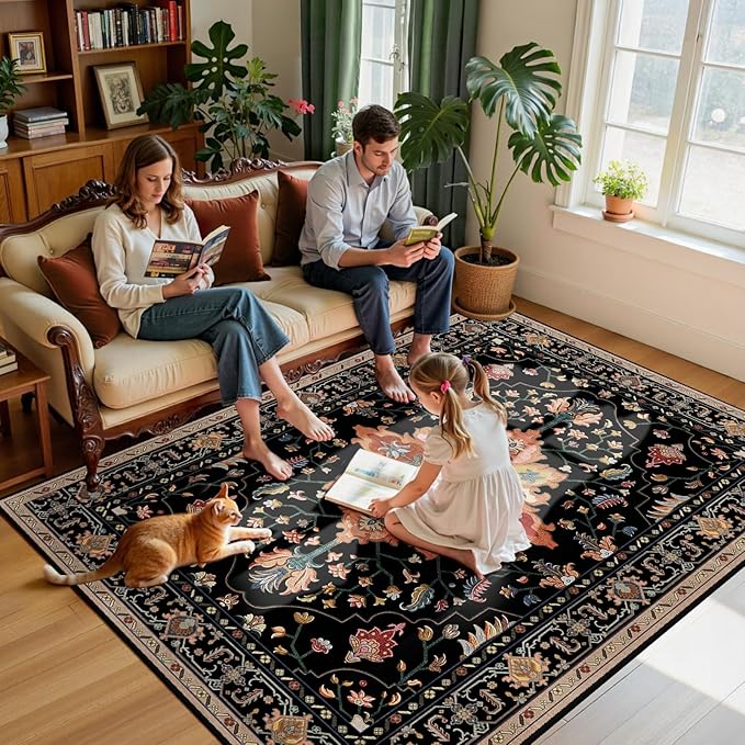 Area Rugs 6'x8' Washable Non-Slip, Floral Vintage Distress Print Pattern Medallion Carpet for Living Room Bedroom Dining Room, Black Colorful Floral Dark Tan