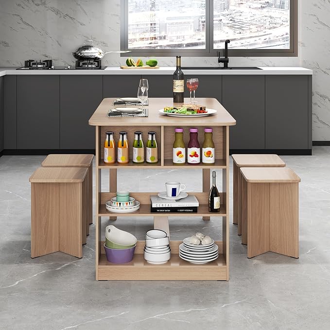 Giantex 5-Pieces Dining Table Set for 4, Kitchen Table Set with Side Storage Shelf, 4 Square Stools, Space-Saving Dining Furniture for Dinner, Dinette, Living Room, Apartment, Restaurant (Natural)