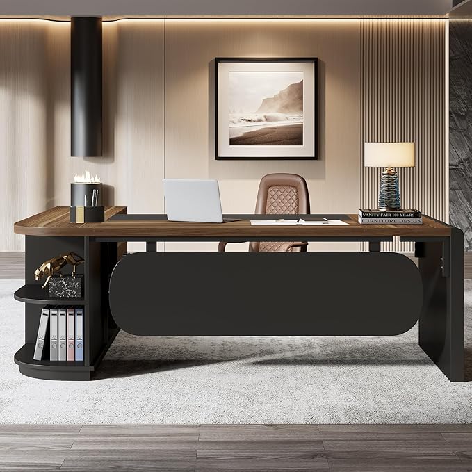 Tribesigns 80'' L-Shaped Desk Set of 4, Large Executive Office Desk with 55'' Drawers Cabinet, Modern Computer Table with Storage Shelves, Business Furniture for Office, Brown