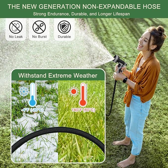 Garden Hose Non-Expandable 25 ft, Lightweight Flexible Water Hose with 10 Function Spray Nozzle, Outdoor Leak Proof, Kink-Free, Portable Hose for Yard, Lawn, Camper, High-Density Fabric, Black Grey