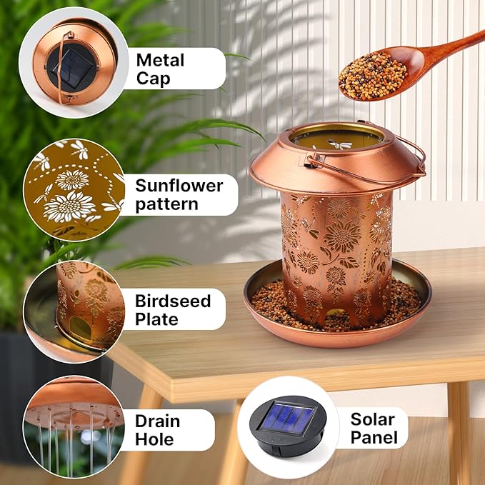 Bird Feeders for Outdoors Hanging Metal Sunflower Solar Bird Feeder Waterproof Solar Lantern Decor Garden Gifts for Women Mom Friends Birds Lovers Decoration for Yard,Patio,Lawn,Christmas