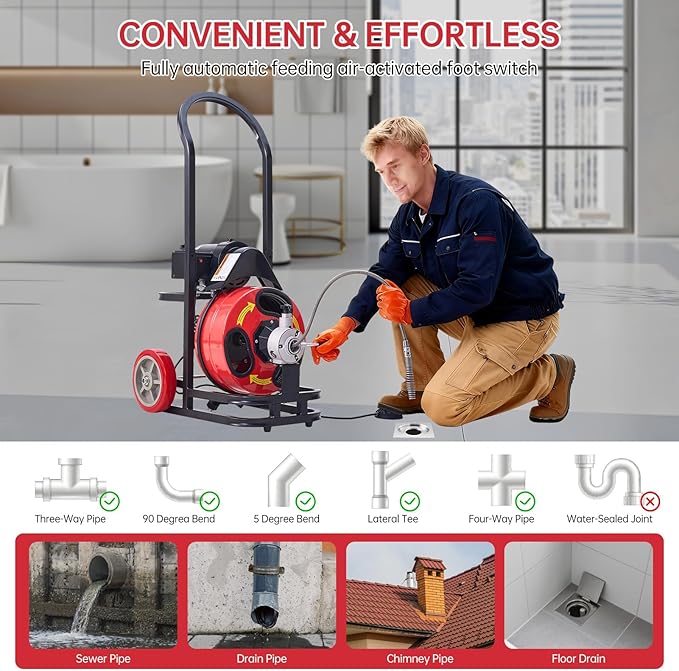 Drain Augers 75FT Sewer Snake with Auto-feed,SEVVETROOL Electric Drain Cleaner Machine 250W Motor Speed, CW/CCW Switch Control,Quick Replaceable Cutters,Perfect for 1"-4" Pipes(22.8M)