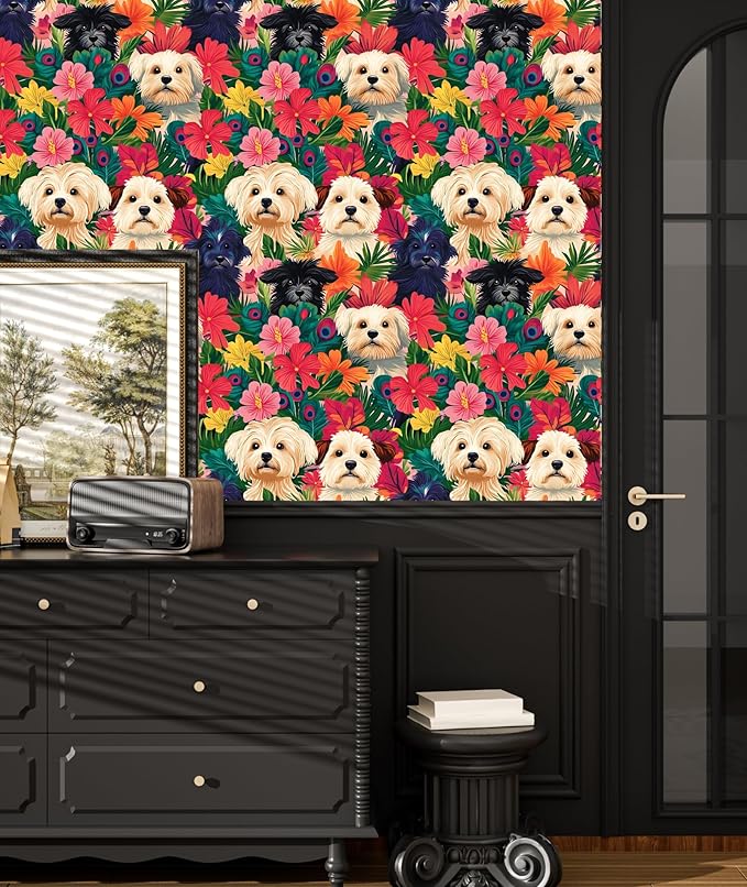 BOKEBEVE Colorful Wallpaper Peel and Stick Dogs Contact Paper Vibrant Bright