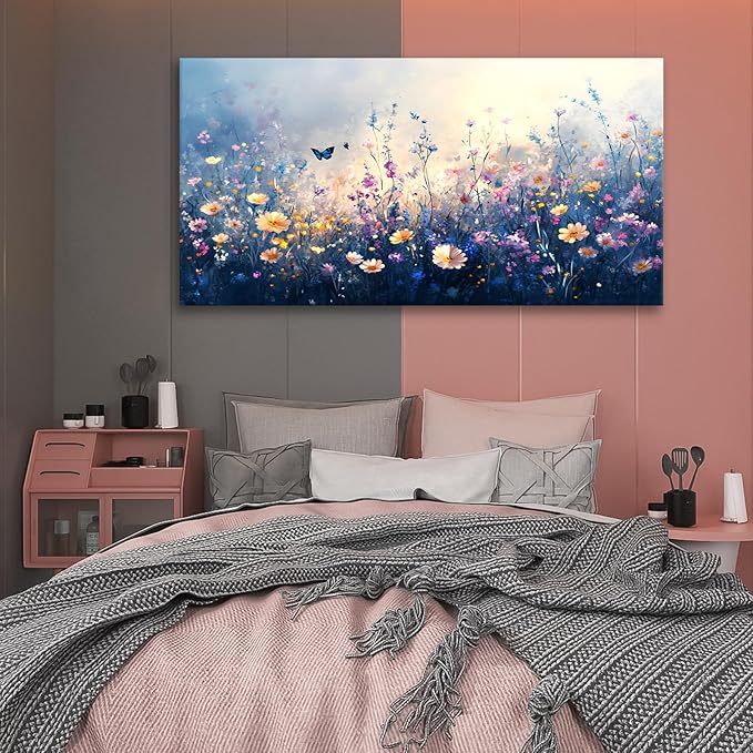 JLXART Canvas Wall Art Colorful Wildflower With Butterflies Wall Decor Purple and Yellow Poppy Floral Artwork Flowers Prints Paintings for Living Room Home Decorations,24x48inch