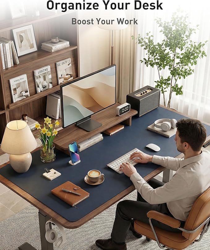 Aothia Faux Leather Desk Mat - Large Mouse Pad, Non-Slip PU Leather Blotter, Waterproof Writing Surface for Office and Home (Dark Blue, 63" x 24")