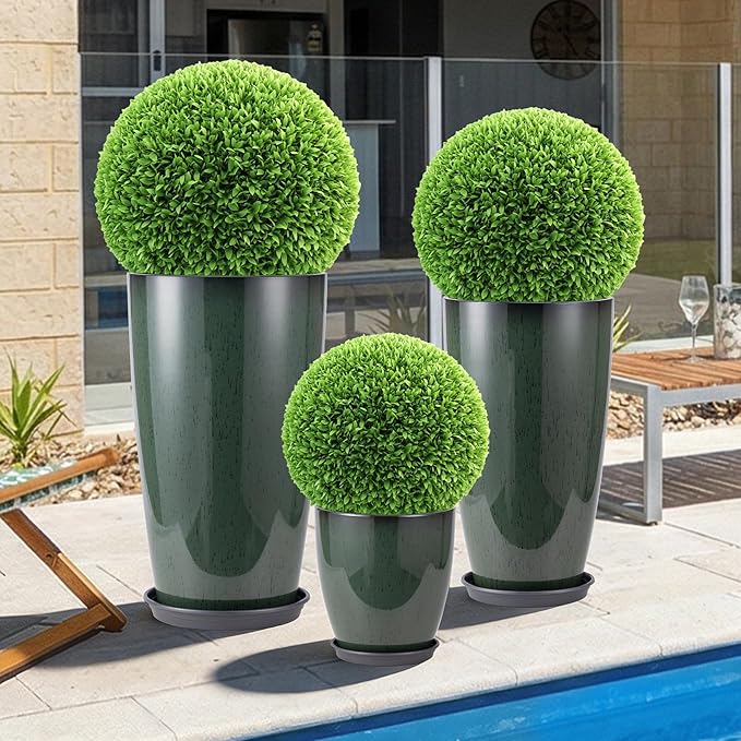 24-21-11 Inch Tall Planters Set of 3, Indoor Outdoor Green Glossy Round Planter with Drainage Hole and Saucer, Large Decorative Plant Pots for Home Garden Porch (Green)