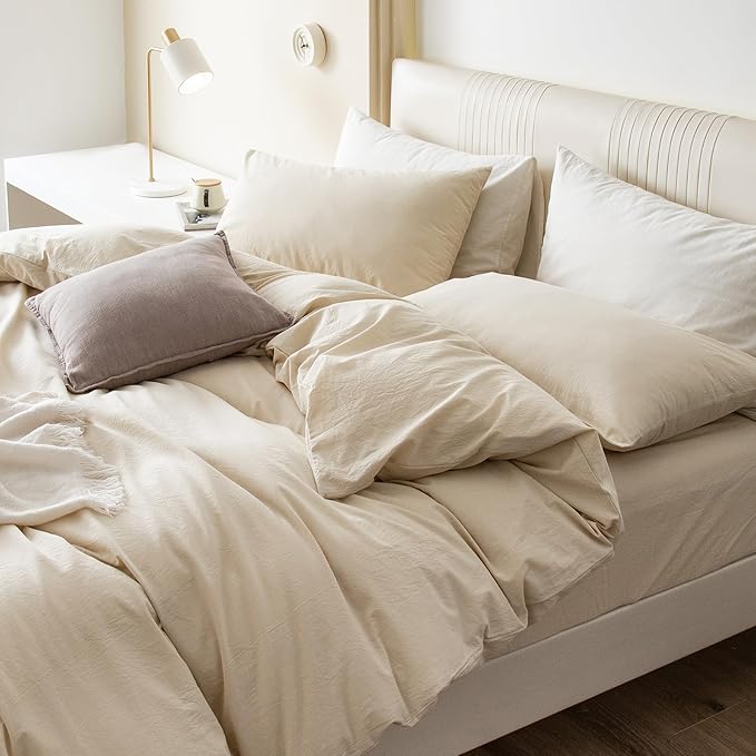 JIYUAN 100% Washed Cotton Duvet Cover Set 3 Pieces Alaska King, 1 Duvet Cover 132x120 Inches(Comforter Not Included) and 2 Pillowcases,Linen Feel Bedding Set Comfy and Breathable,Heathered Beige