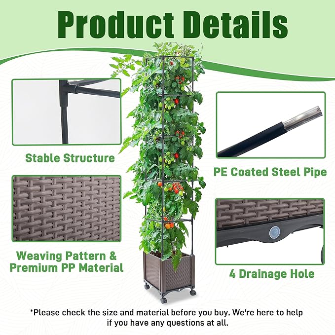 Quibbay Raised Garden Bed with Tomato Planter Cage,50.4" Self Watering Tomato Planter with Plastic Coating Steel Pipe for Climbing Vine Flowers Outdoor, Tomatoes Cage with Trellis Wheels, 1Pack