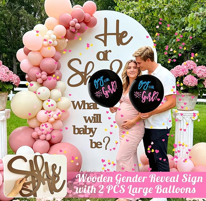 Large Wooden Gender Reveal Decals for Backdrop 36 Inch Boy or Girl Balloons He or She What Will Baby Be Decorations for Balloon Arch Sticker Oh Baby Shower Sign Gender Reveal Ideas Banner Photo Props
