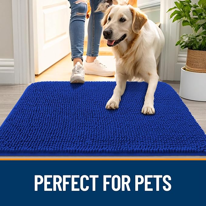 OLANLY Dog Door Mat for Muddy Paws 70x46, Absorbs Moisture and Dirt, Absorbent Non-Slip Washable Doormat, Quick Dry Chenille Mud Mat for Dogs, Entry Indoor Entryway Carpet for Inside Floor, Royal Blue