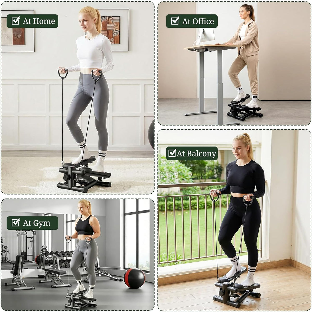 Skiennix Mini Stair Stepper - Portable Exercise Machine with Resistance Bands & LCD Monitor | Black