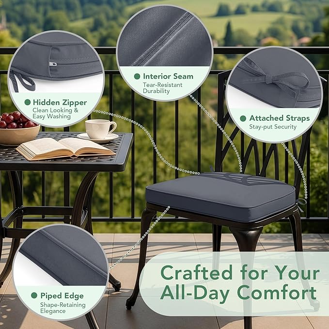 Outdoor Chair Cushions Set of 2: Waterproof & Fade Resistant Patio Furniture Cushions - 18.5 x 16 x 2 Inch Non Slip Round Corner Seat Cushion Pads with Removable Cover for Garden Yard Lawn, Dark Grey
