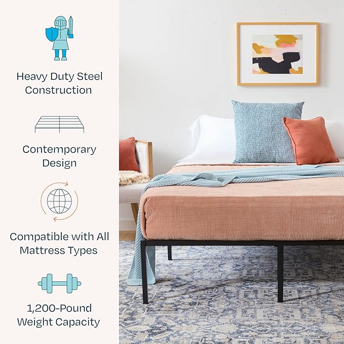 Linenspa Heavy Duty Metal Platform Bed Frame - No Box Spring Needed - Underbed Storage - Simple Toolless Assembly - 14” High - Sturdy - Steel Slats - Sleek Modern Design - Twin Size
