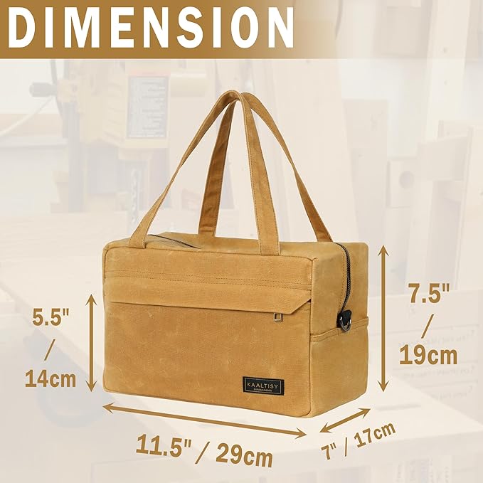 Canvas Tool Organizer, Heavy Duty 16oz Waxed Canvas Garden Hand Tools Bag - with Hidden Zipper Pocket & Large Storage Capacity, Tool Carrier for Gardening Carpentry Tools | 11.5" x 7" x 7.5"
